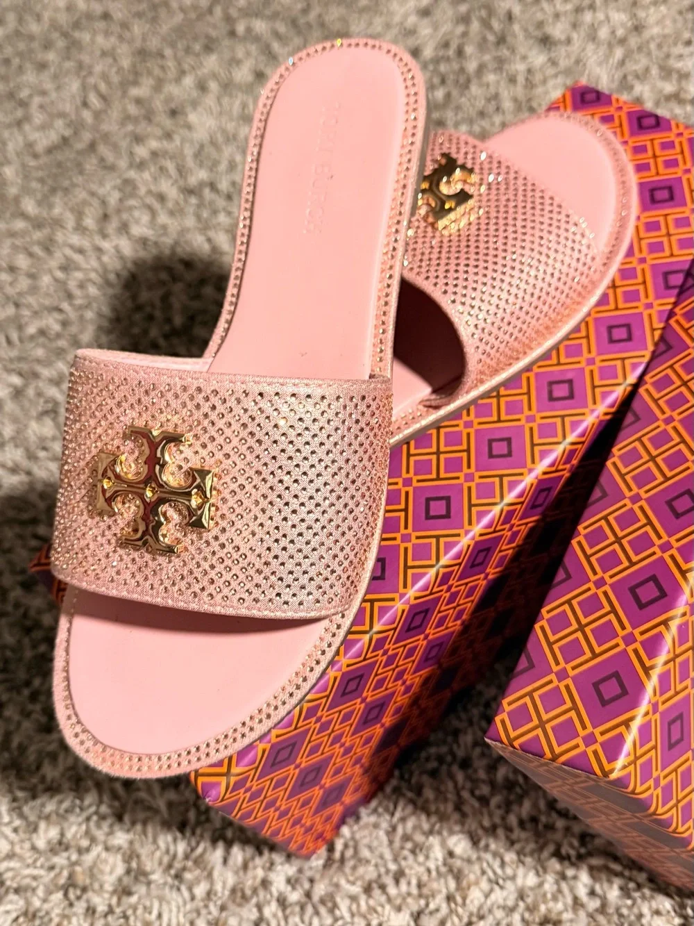 Tory Burch Metallic Rose Gold Logo Slide Sandals